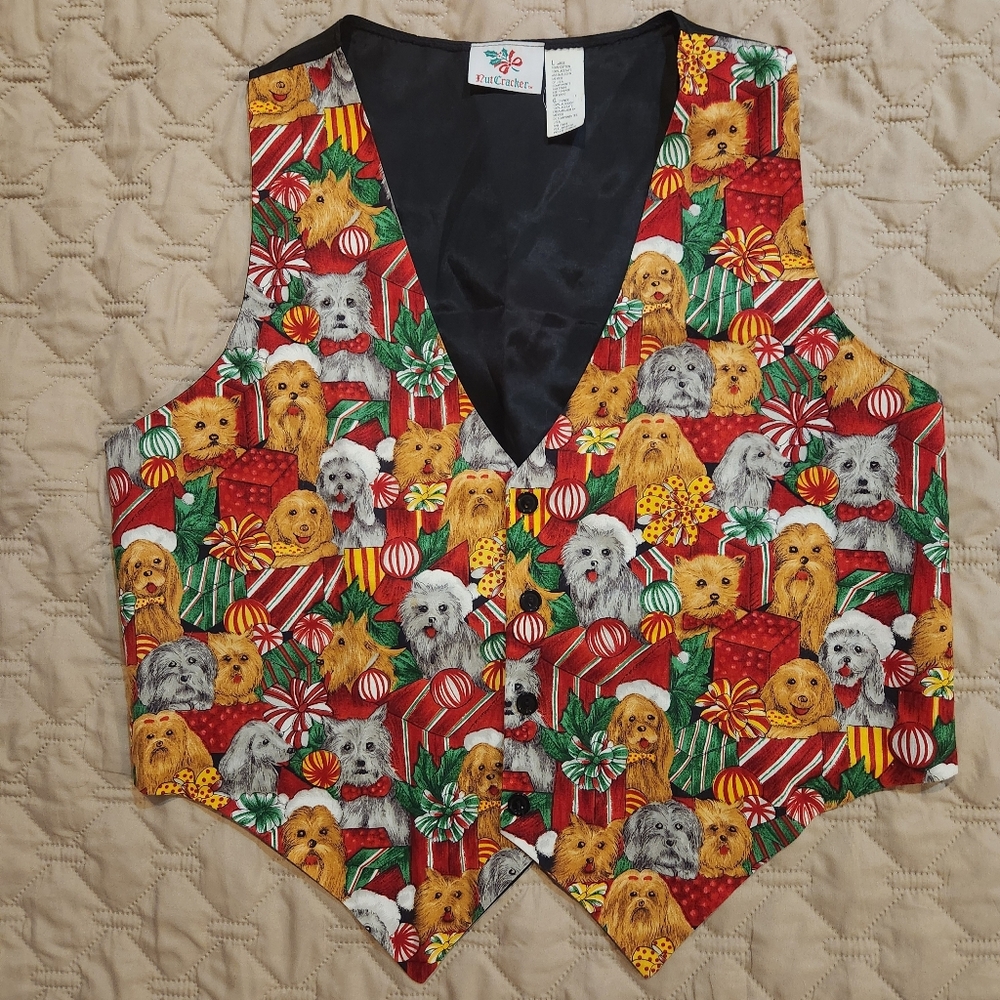 Vintage Nutcracker Dog Print Christmas Holiday Vest Ugly Sweater Style